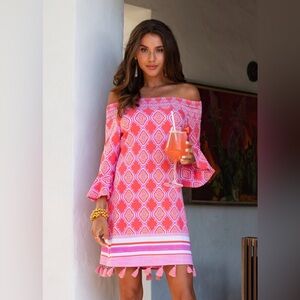 Cabana Life Coral Geo Off-Shoulder Dress Medium UPF 50+ Beach Resortwear